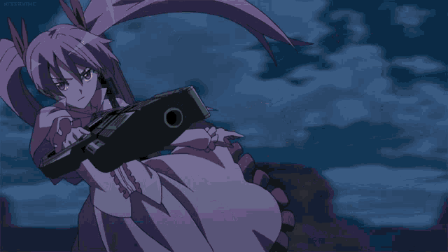 a girl with pink hair is holding a yellow object
