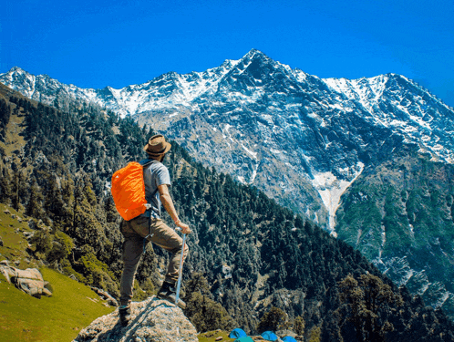 a man with an orange backpack stands on a rock overlooking a mountain