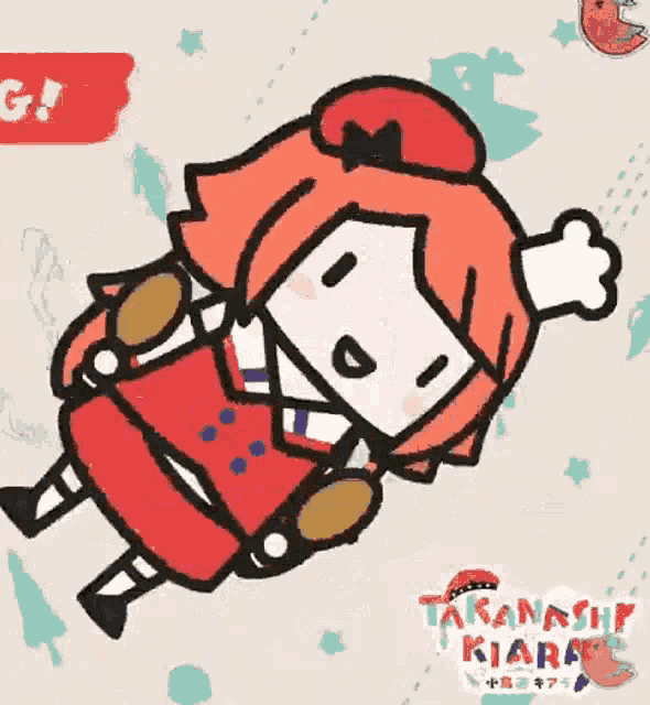 a cartoon of a girl in a red dress and hat is flying through the air