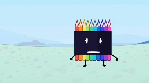 a cartoon drawing of a bunch of colored pencils with arms and legs