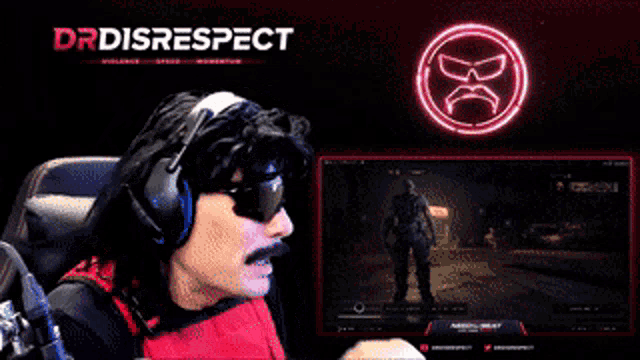 a man wearing headphones and sunglasses is playing a video game with the name drdisrespect behind him