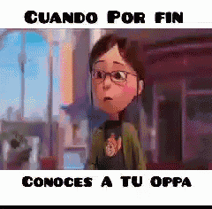 a cartoon girl with glasses is standing in front of a building and says cuando por fin .