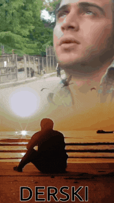 a poster for derski features a man sitting on a beach