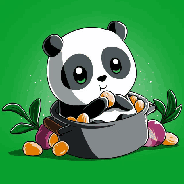a panda bear is sitting in a pot full of carrots and onions