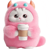 a pink stuffed animal is holding a cup of coffee .