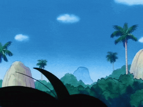 a cartoon landscape with palm trees mountains and a blue sky