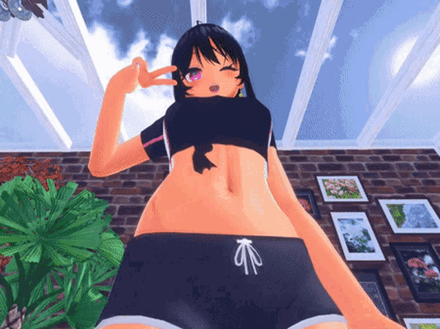 a cartoon girl giving a peace sign in front of a brick wall