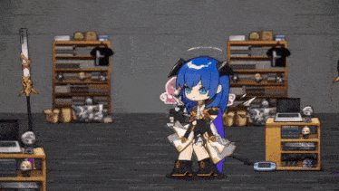 a girl with blue hair and horns is standing in a room with shelves and a laptop