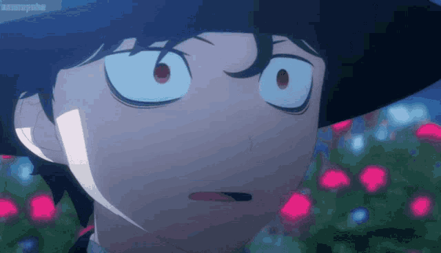 a close up of a person 's face with flowers in the background and the word aoyama on the bottom right