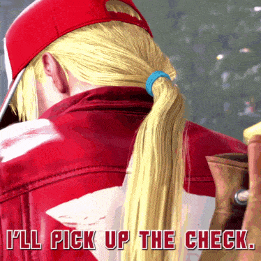a video game character with the words i 'll pick up the check on the bottom