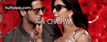 a man and a woman are standing next to each other with kala chashma written on the top