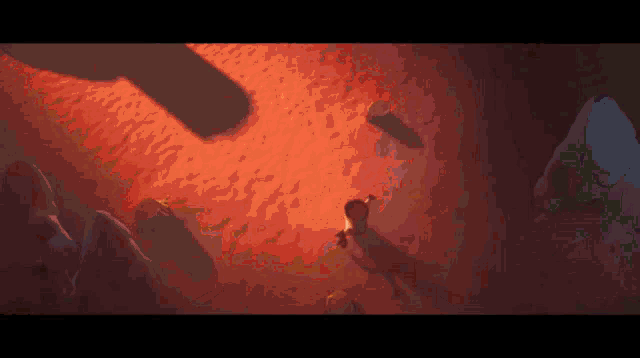 a computer generated image of a person standing in a cave with a red background