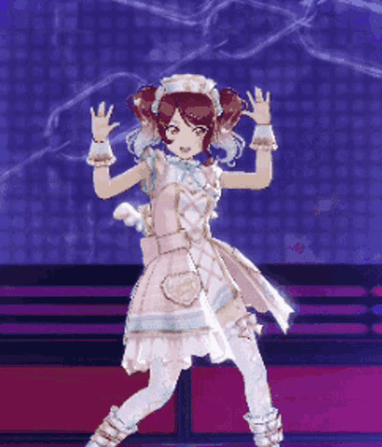 a girl in a pink dress is dancing in front of a purple background
