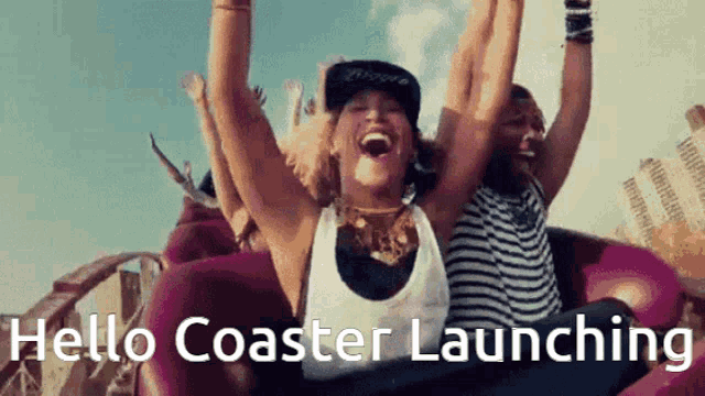 a group of people riding a roller coaster with the words hello coaster launching