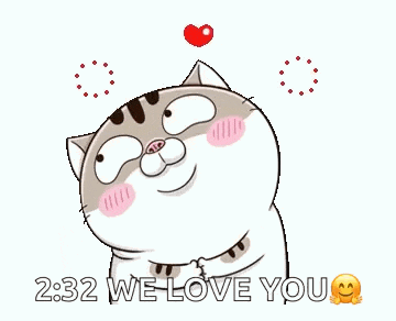 a cartoon cat is saying `` we love you '' with hearts coming out of its eyes .