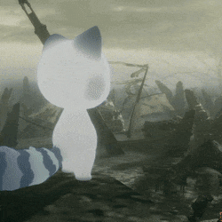 a white cat with blue stripes on its tail stands in a field