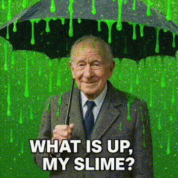 an elderly man in a suit and tie is holding an umbrella and asking what is up my slime ?
