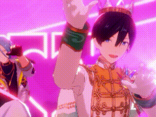 a couple of anime characters standing next to each other on a stage .