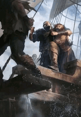 a painting of a man and woman on a ship