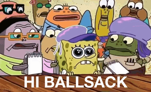 a group of cartoon characters including spongebob and patrick are gathered around a table with the words hi ballsack on the bottom