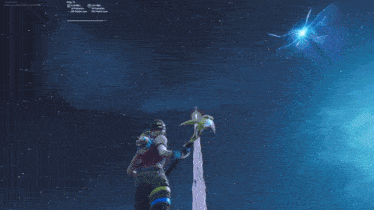 a person in a video game holding a pickaxe in front of a blue light