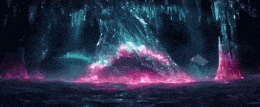 a cave filled with ice and water with a glowing rock in the middle of it .