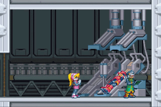 a video game scene with a girl standing next to a robot