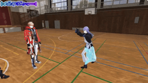 a video game character is standing in a gym with a basketball court in the background