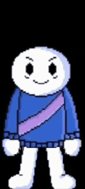 a pixel art of a person wearing a blue sweater with a purple stripe on the sleeve .