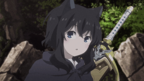 a girl with cat ears is holding a sword and shield