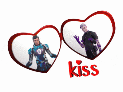 a couple of hearts with the word kiss in red