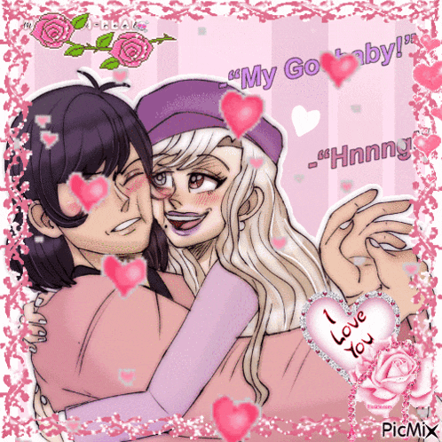 a picture of a man and a woman hugging with the words " my go baby " on the bottom