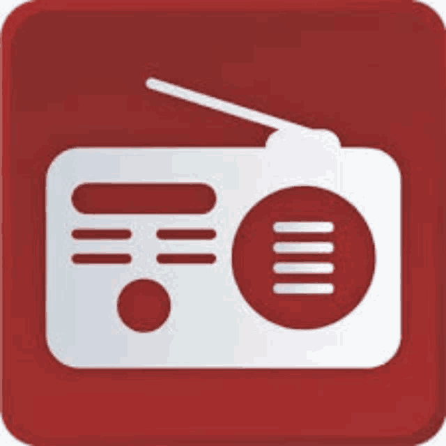a red and white icon of a radio with an antenna