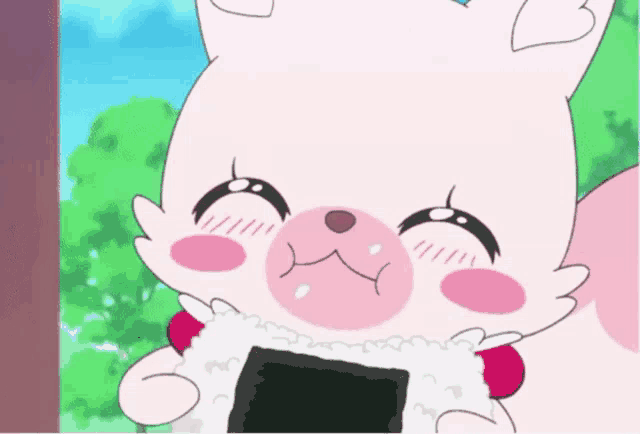 a pink and white cartoon character is holding a piece of sushi