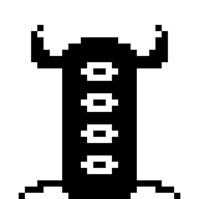 a pixel art silhouette of a monster with horns .