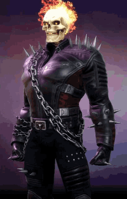 a ghost rider is wearing a leather jacket with spikes and a chain around his neck