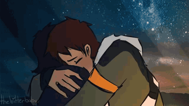 a drawing of a man hugging another man with the words " the bitter baby " on the bottom