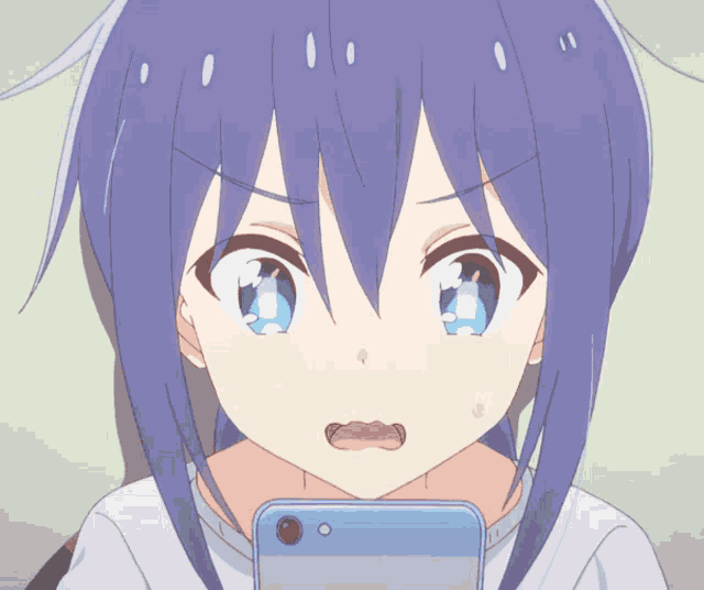 a girl with purple hair and blue eyes is looking at a cell phone