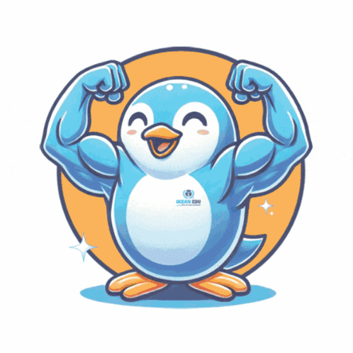 a blue and white penguin flexing its muscles with ocean edu written on its chest