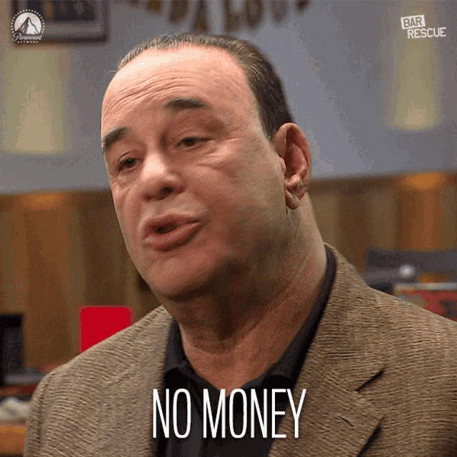 a man in a suit says " no money " in front of a bar rescue logo