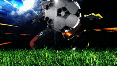 a soccer player with the number 9 on his shorts kicks a soccer ball