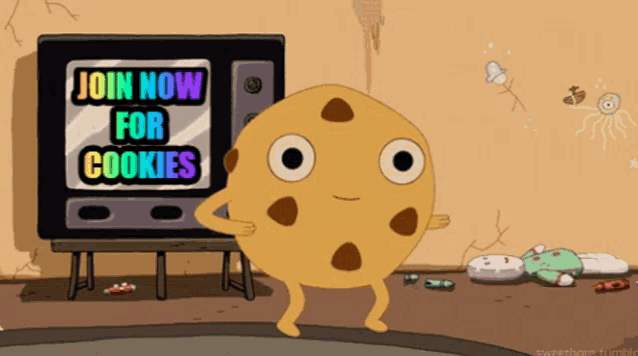 a cartoon cookie is dancing in front of a tv that says join now for cookies