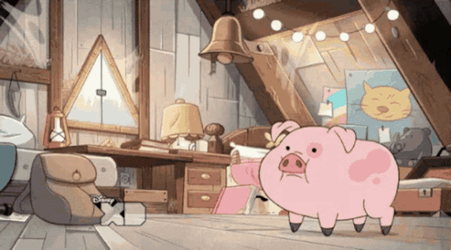 a cartoon pig is standing in a room with a bell hanging from the ceiling ..