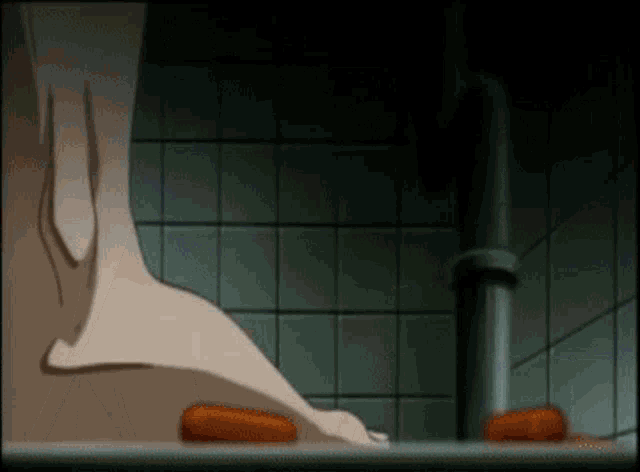 a cartoon of a person taking a bath with carrots on the floor