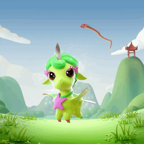 a green unicorn with a pink star on its shoulder
