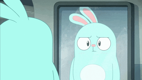 a cartoon rabbit looks at itself in a mirror