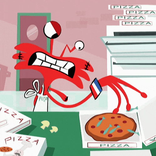 a cartoon drawing of a crab cutting a pizza box
