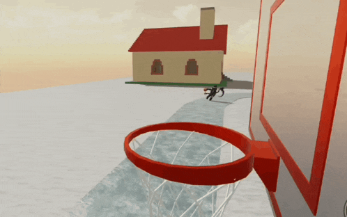 a basketball hoop in front of a house with a chimney