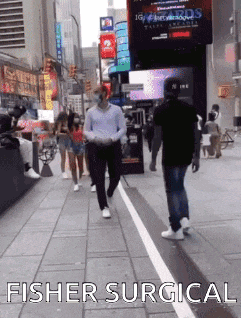 a man wearing a mask walks down a city street with the words fisher surgical written below him