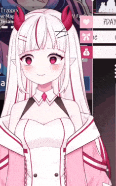 a girl with white hair and red horns is wearing a pink and white outfit and smiling .